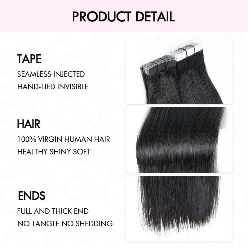 QVR Invisible Straight Tape In Hair Extensions Natural Black Premium Human Hair