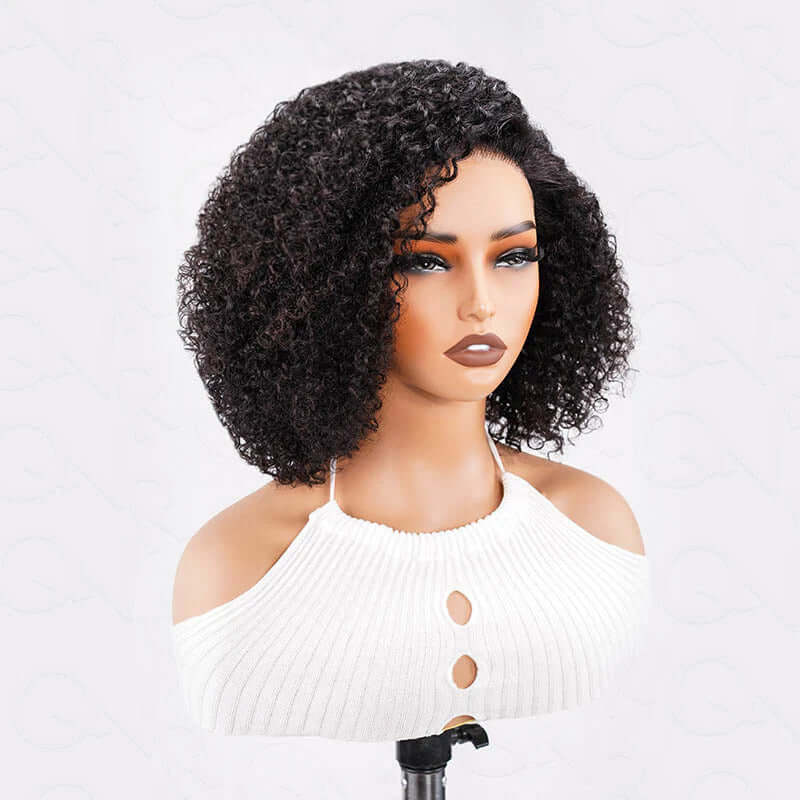 QVR Short Cut Curly Human Hair Minimalist Lace Glueless Side Part Wig