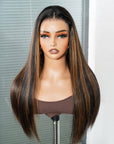 QVR Natural Hairline Brown Highlight Silky Straight Glueless 13x4 Pre-cut Lace Frontal Wig Human Hair
