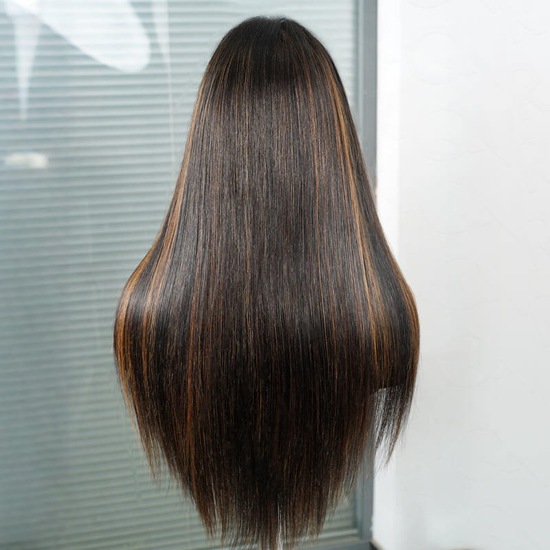 QVR Natural Hairline Brown Highlight Silky Straight Glueless 13x4 Pre-cut Lace Frontal Wig Human Hair