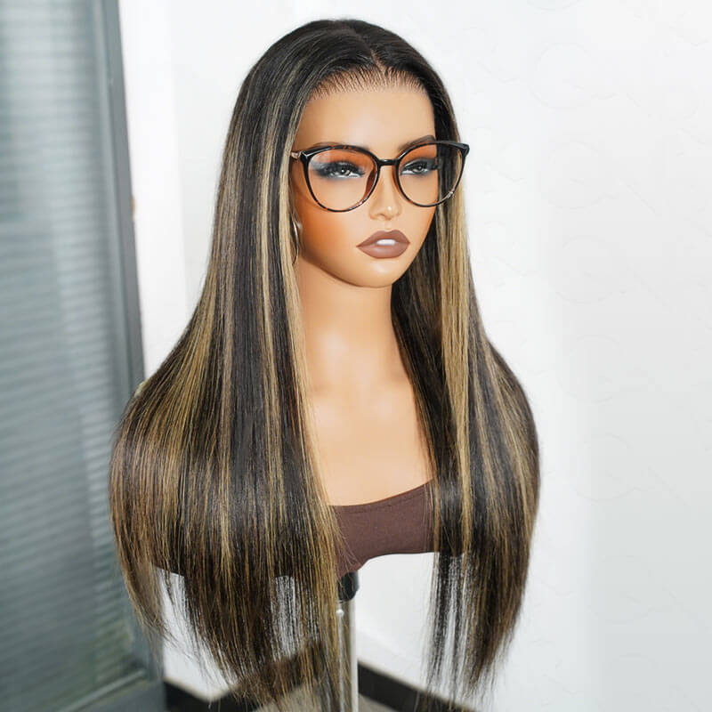 stylish silky straight human hair wigs with blonde highlights