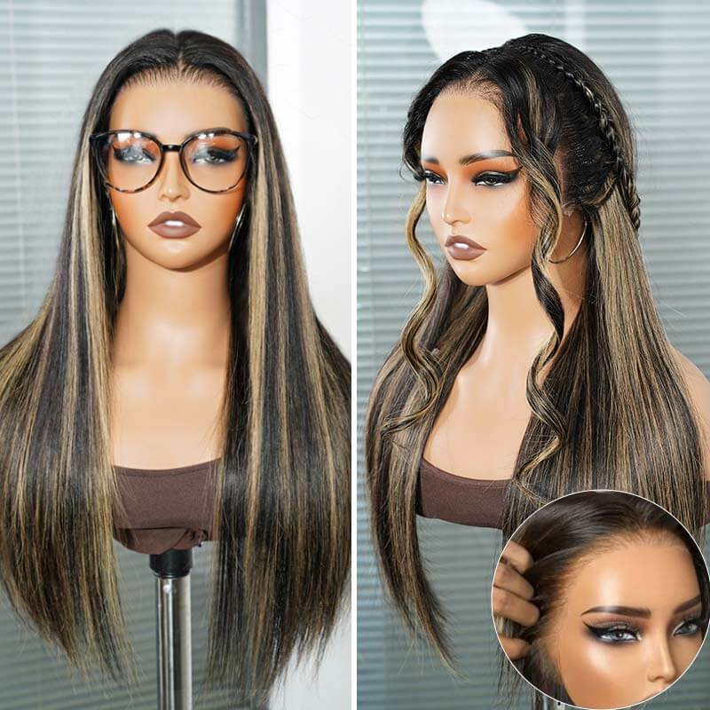 qvr blonde highlighted silky straight lace frontal human hair wigs