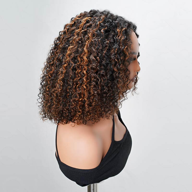 glueless short curly bob human hair wigs with brown highlights