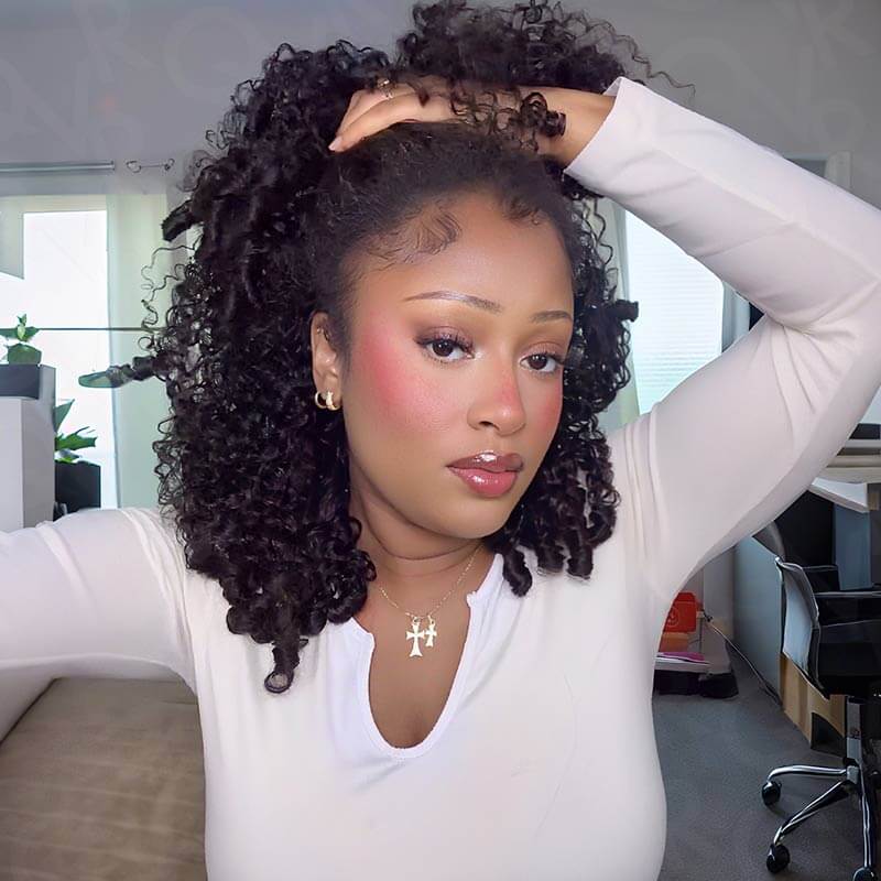 QVR Burmese Curly Drawstrings Half Wig 3 In 1 Human Hair Wig Beginner Friendly