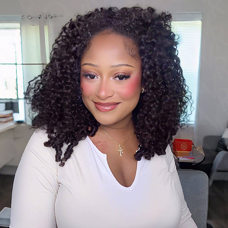 QVR Burmese Curly Drawstrings Half Wig 3 In 1 Human Hair Wig Beginner Friendly