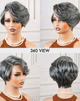 QVR Glueless Silver Grace Short Bob Wig Salt & Pepper Side-Swept Pixie Cut Wig Human Hair Wigs