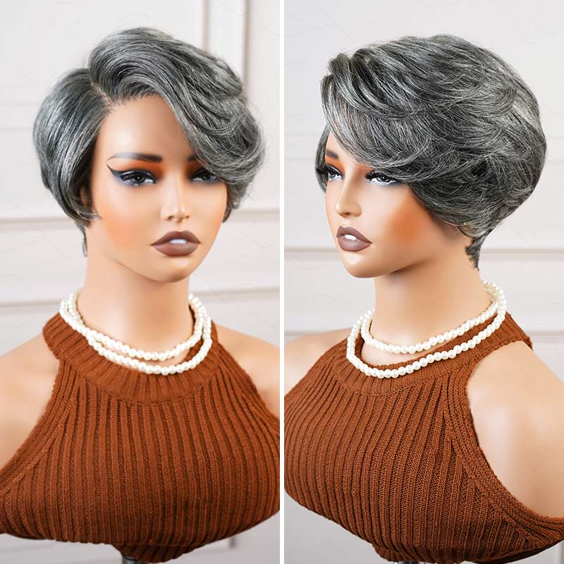 QVR Glueless Silver Grace Short Bob Wig Salt &amp; Pepper Side-Swept Pixie Cut Wig Human Hair Wigs