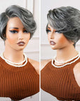 QVR Glueless Silver Grace Short Bob Wig Salt & Pepper Side-Swept Pixie Cut Wig Human Hair Wigs