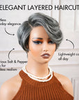 QVR Glueless Silver Grace Short Bob Wig Salt & Pepper Side-Swept Pixie Cut Wig Human Hair Wigs