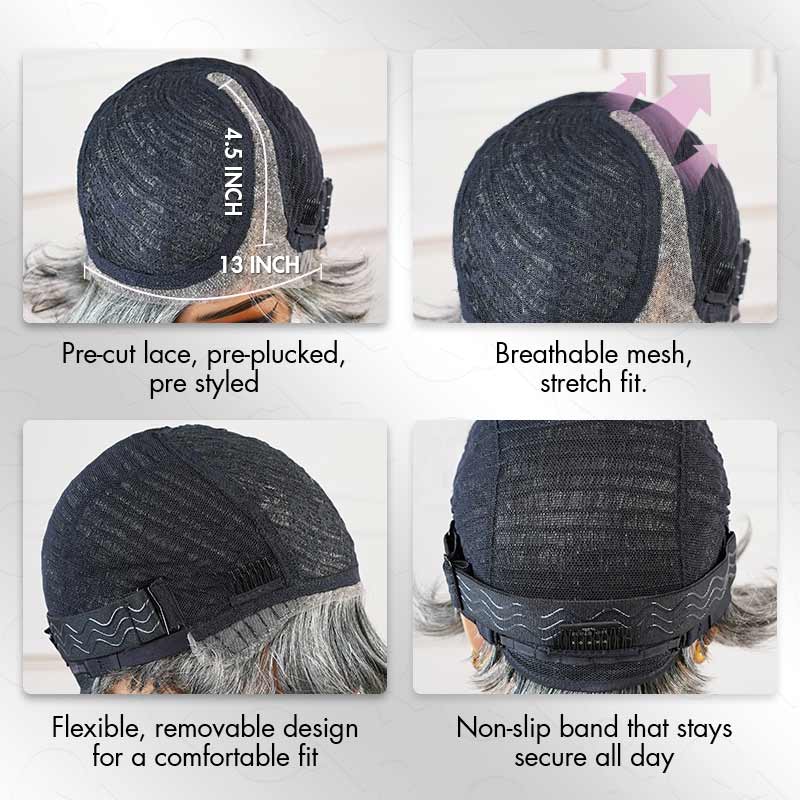 QVR Glueless Silver Grace Short Bob Wig Salt &amp; Pepper Side-Swept Pixie Cut Wig Human Hair Wigs