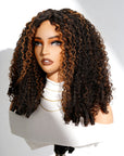QVR Brown Highlight V Part Wigs Burmese Curly Invisible Lace Edge Human Hair Wig