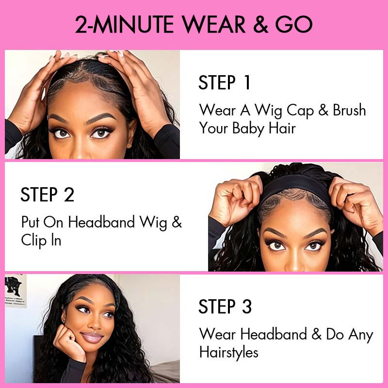 QVR New Water Wave Headband Wig 100% Human Hair Glueless Wigs for Women