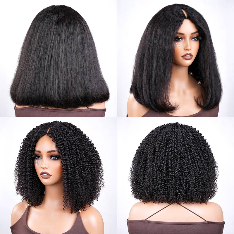 QVR 2-In-1 Style Switch Dream Curls Kinky Curly &amp; Straight Invisible V Part Bob Wig