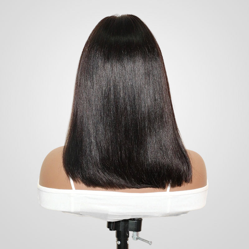 short bob v part wig on wig stand back view