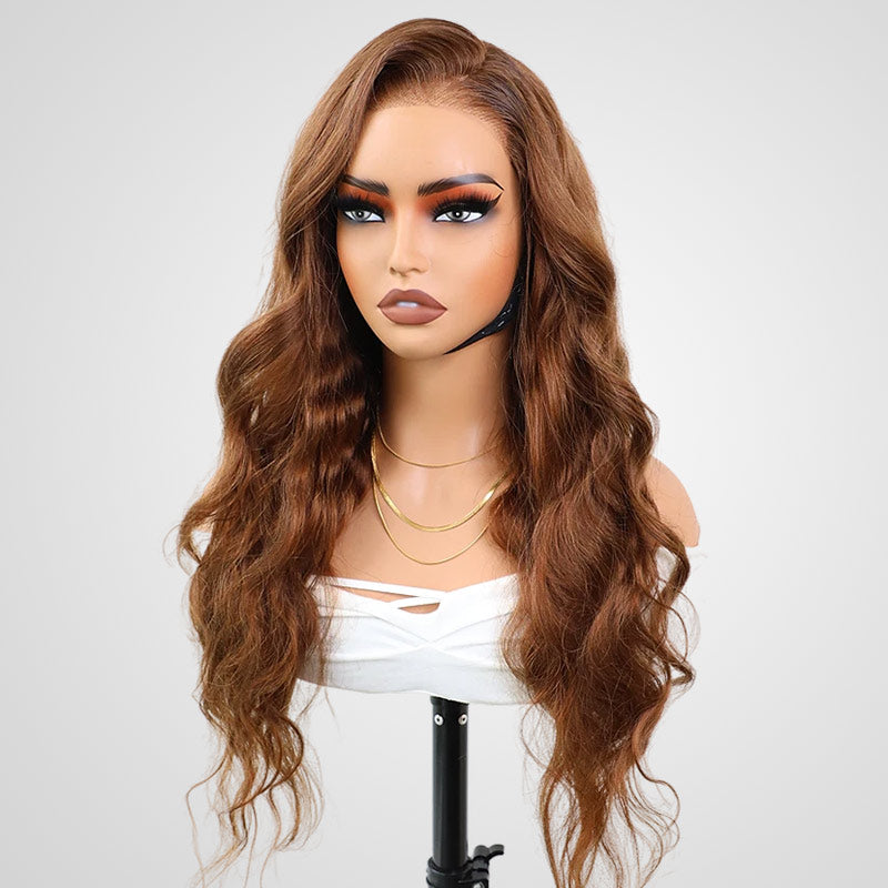 premium qvr glueless lace wigs, giving you smooth body waves and a rich brown hue