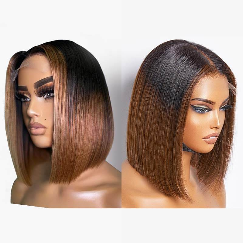 ombre brown short bob wigs, smooth straight bob wigs for textured hair
