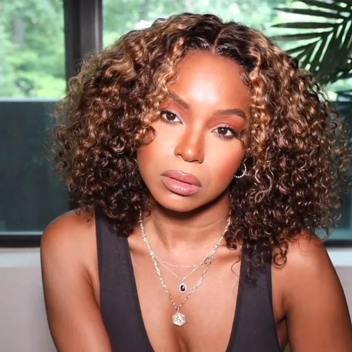 ombre honey brown deep curly short bob wigs, human hair lace closure bob wigs for Black women