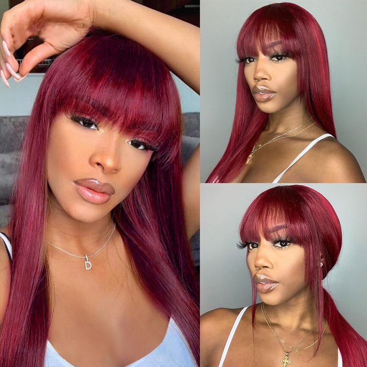 qvr glueless wigs with bangs in bold 99j burgundy color for black women
