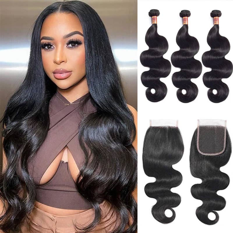 qvr body wave natural black human hair bundles with 4x4 lace closured hair weave