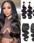 qvr body wave natural black human hair bundles with 4x4 lace closured hair weave