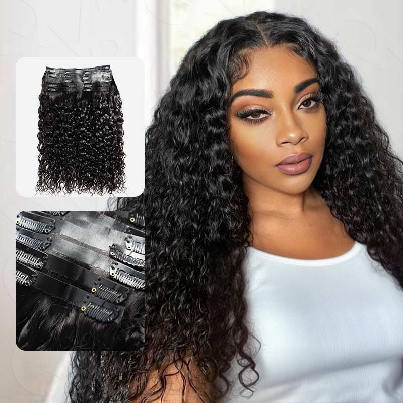 QVR Water Wave 10Pcs Seamless Clip in Hair Extensions Natural Black Human Hair