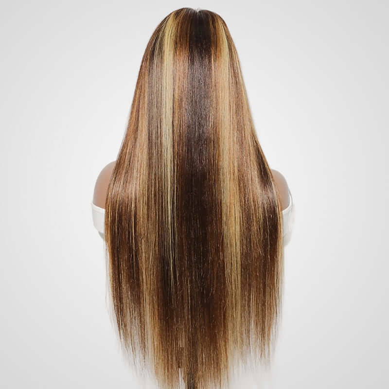 P1B/30/27 colored silky straight v part human hair wig on wig stand back view