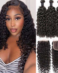 qvr jerry curly natural black human hair bundles with 4x4 closured human hair weave