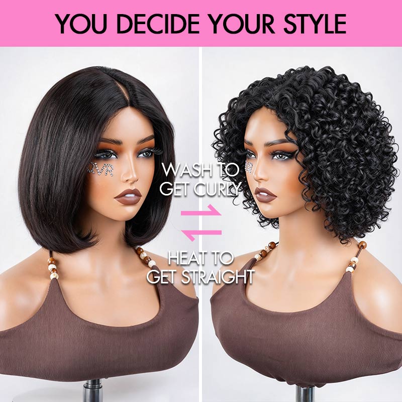 QVR 2-In-1 Style Switch Dream Curls Layered Kinky Curly &amp; Straight Invisible V Part Bob Wig