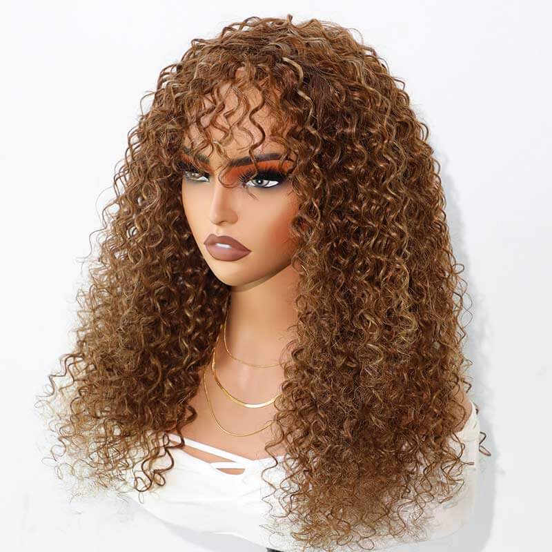 cute highlight curly glueless wigs with bangs for black women