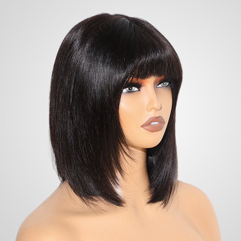 Chic short bob wigs, machine-made, straight human hair, black color with bangs