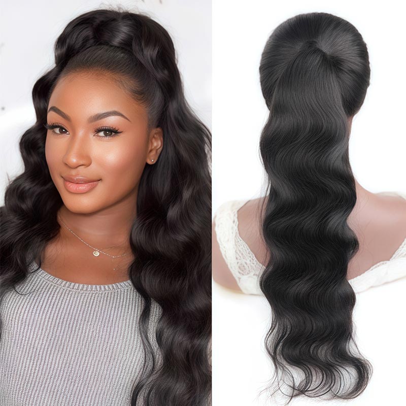 real human hair body wave black clip in ponytail extensions