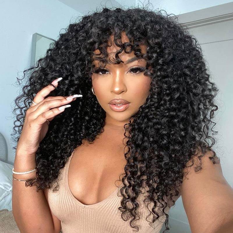 highlight curly glueless human hair wigs machine made with bangs