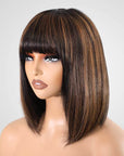 minimum lace short bob wigs with layered cut and bangs