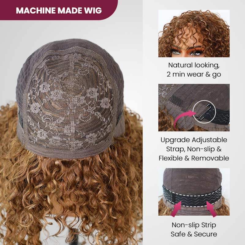 QVR Ginger Orange Color Water Wave Machine Made Wig With Bang Short Bob Wigs