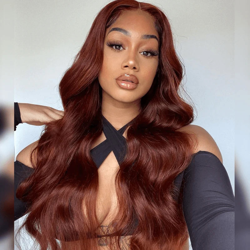qvr glueless lace wigs, providing a smooth and natural body wave with an eye-catching red hue