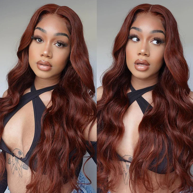 glueless human hair wigs in #33 auburn, offering vibrant color and effortless body wave texture