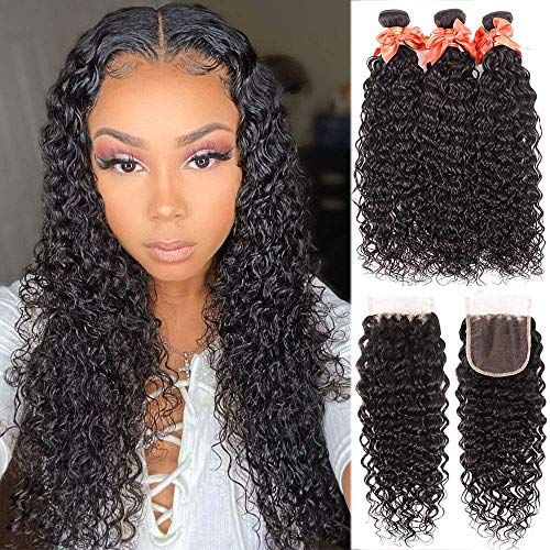 qvr water wave natural black human hair bundles with 4x4 closured human hair weave