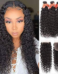 qvr water wave natural black human hair bundles with 4x4 closured human hair weave