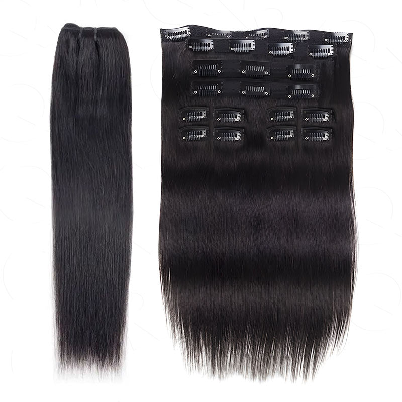 QVR Straight 10Pcs Seamless Clip in Hair Extensions Natural Black Human Hair