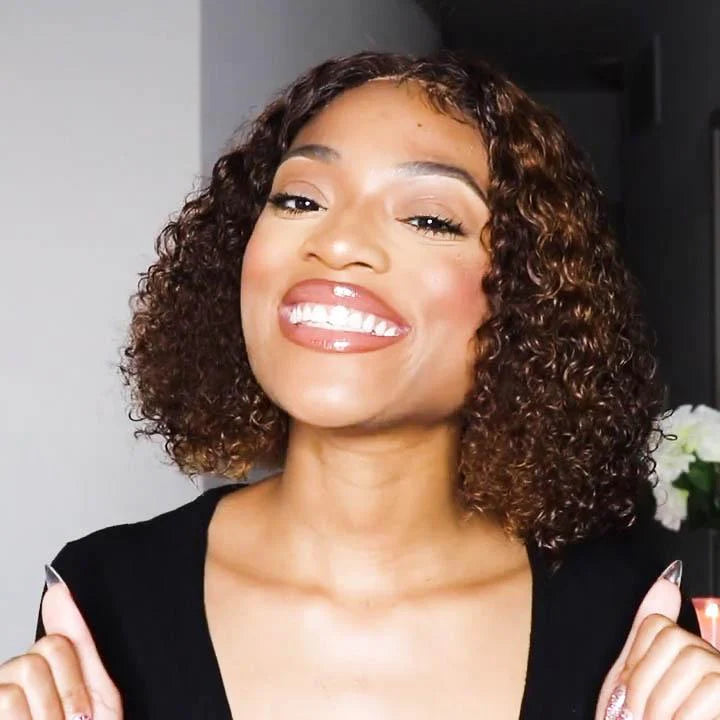 stylish deep curly ombre short bob wigs, honey brown 4x4 lace closure human hair wigs for Black women