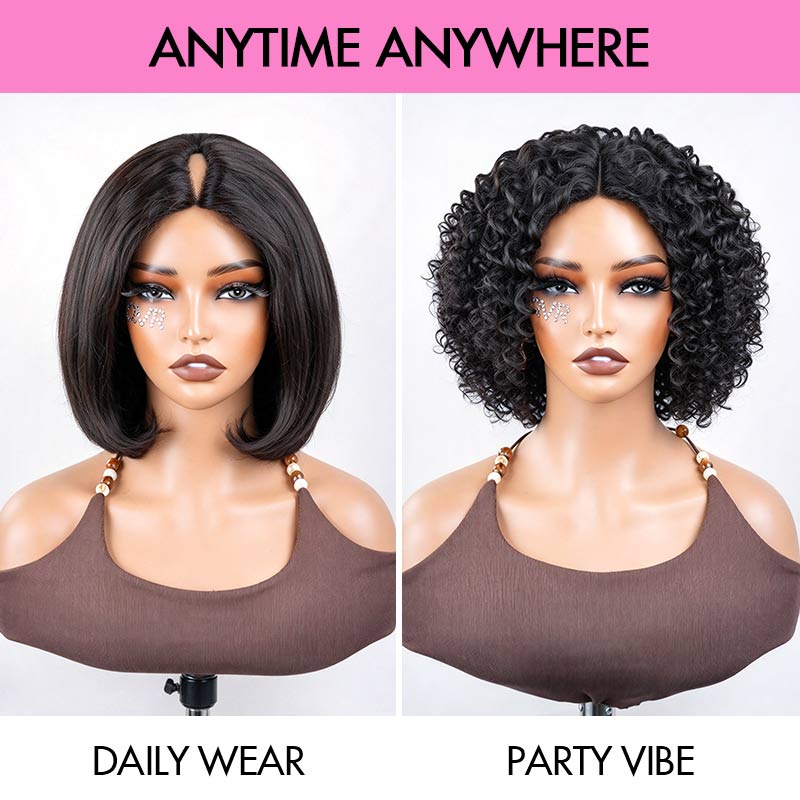 QVR 2-In-1 Style Switch Dream Curls Layered Kinky Curly &amp; Straight Invisible V Part Bob Wig