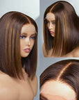 luxurious glueless short bob wig with brown highlights and pre-cut lace