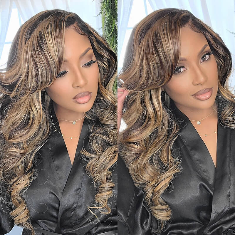 balayage highlights colored human hair body wave wear and go glueless wigs 13*4/4*6 hd lace wig