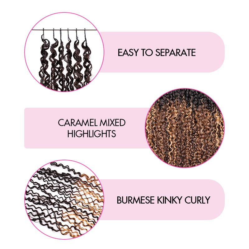 QVR Honey Caramel Mixed Highlights Feather Crochet Human Hair Burmese Kinky Curly Miracle Knots Crochet Weave Hair Extensions