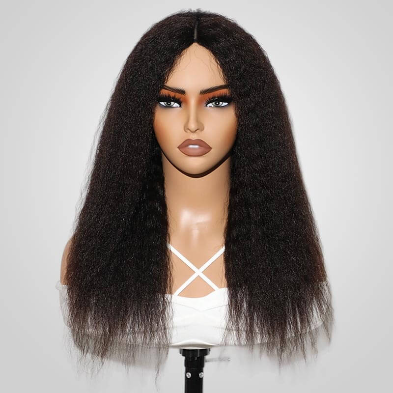 kinky straight v part wigs on wig stand front view