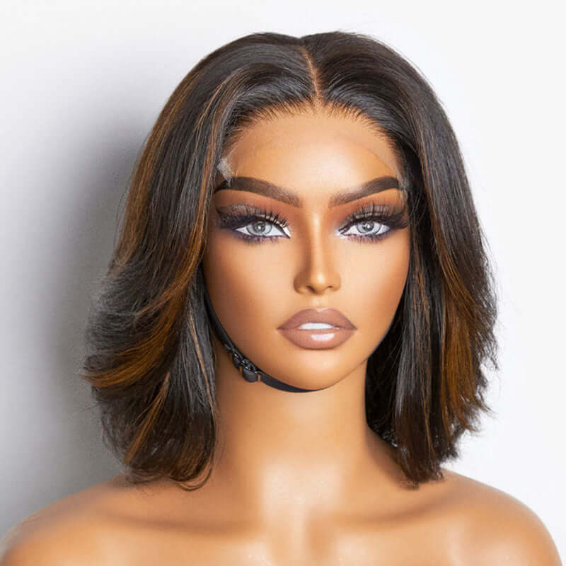 chic human hair bob wigs with swoopy layers and brown highlights
