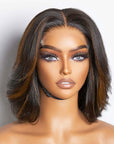 chic human hair bob wigs with swoopy layers and brown highlights