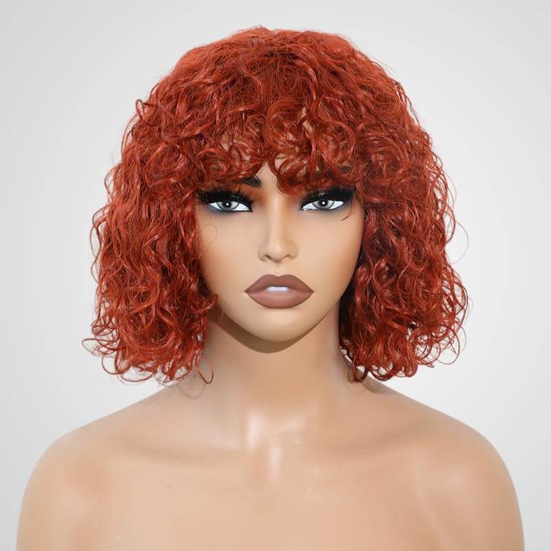 vibrant ginger orange water wave short bob wig with bangs