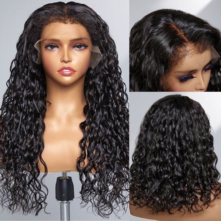 human hair lace wigs 5x5 hd lace front with water wave and 4c edges
