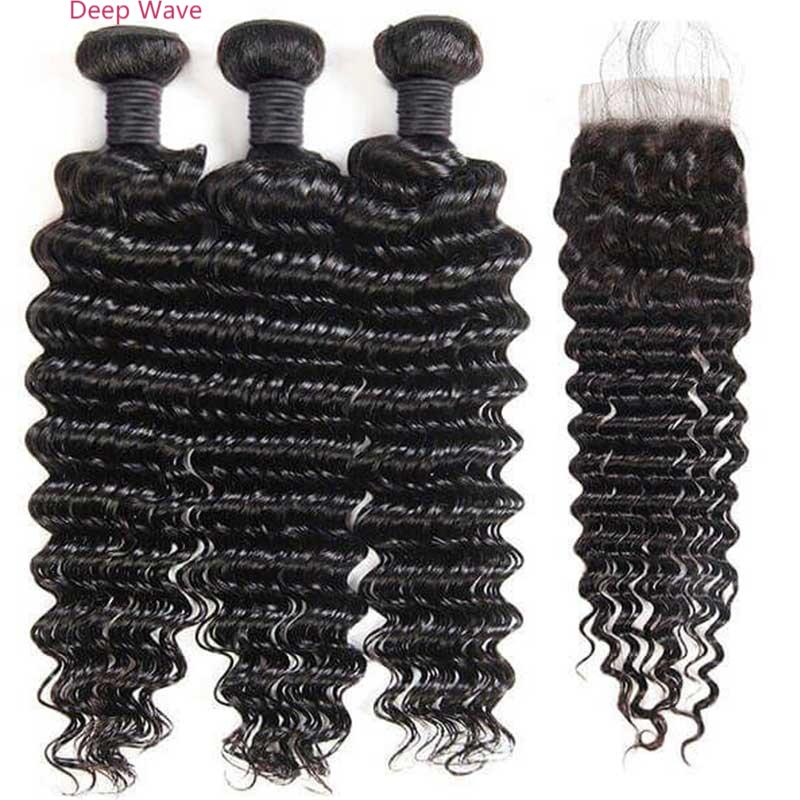 deep wave natural black human hair bundles with 4x4 closured human hair weave